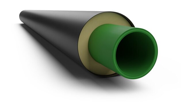 CGI Bild. Vorisoliertes PP-Rohrsystem. aquatherm green. Faserverbundrohr weißer Hintergrund