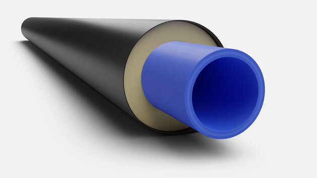 CGI Bild. Vorisoliertes PP-Rohrsystem. aquatherm blue. Faserverbundrohr weißer Hintergrund