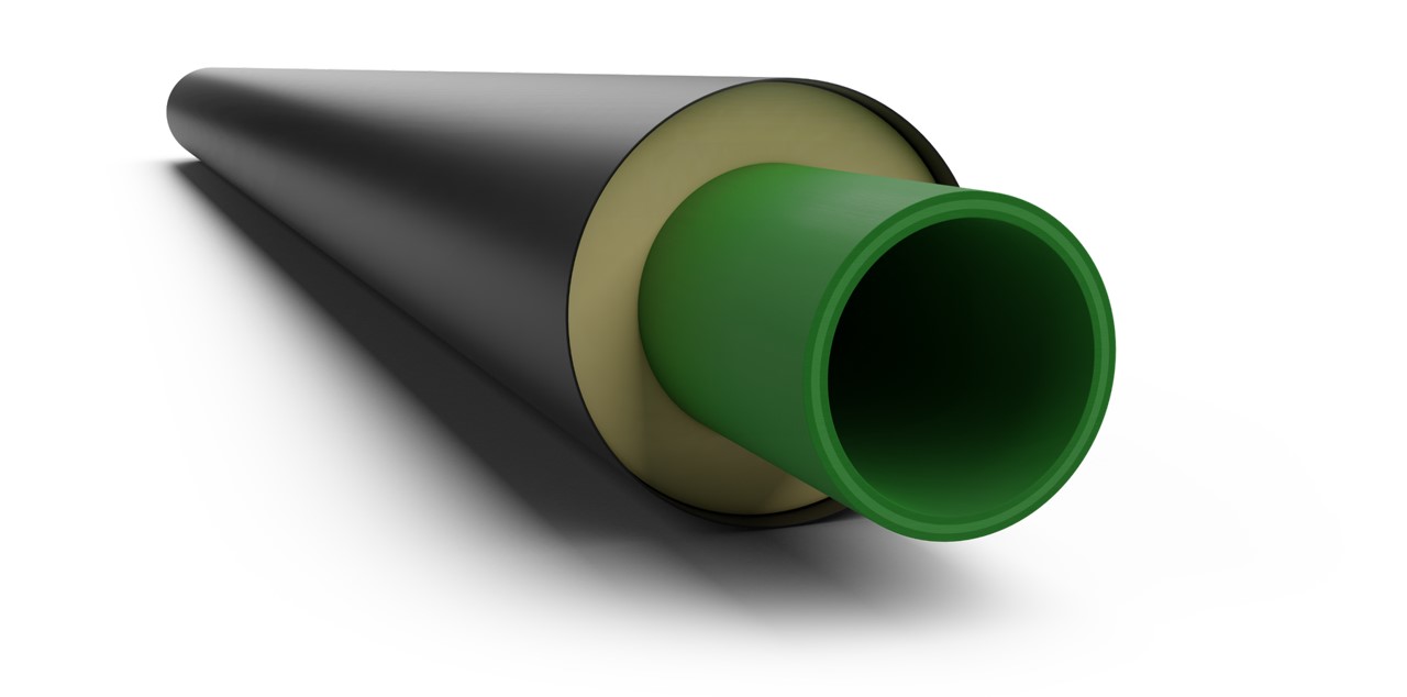CGI Bild. Vorisoliertes PP-Rohrsystem. aquatherm green. Faserverbundrohr weißer Hintergrund