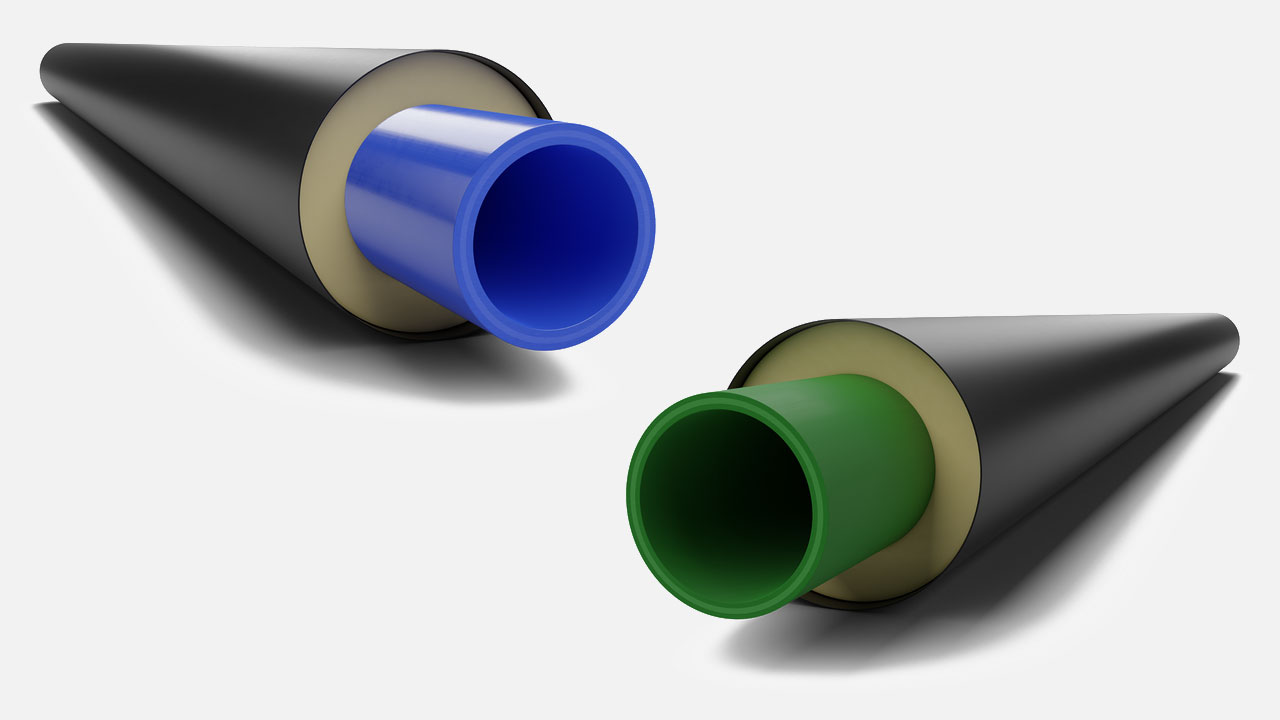 CGI Bild. Vorisoliertes PP-Rohrsystem. aquatherm blue. aquatherm green. Faserverbundrohr weißer Hintergrund